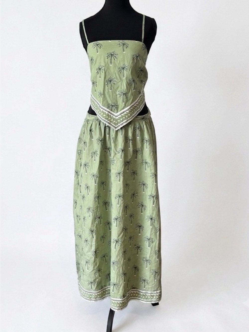 Japna 2 piece Green Palm tree tropical Print Maxi skirt set with Scarf tank top